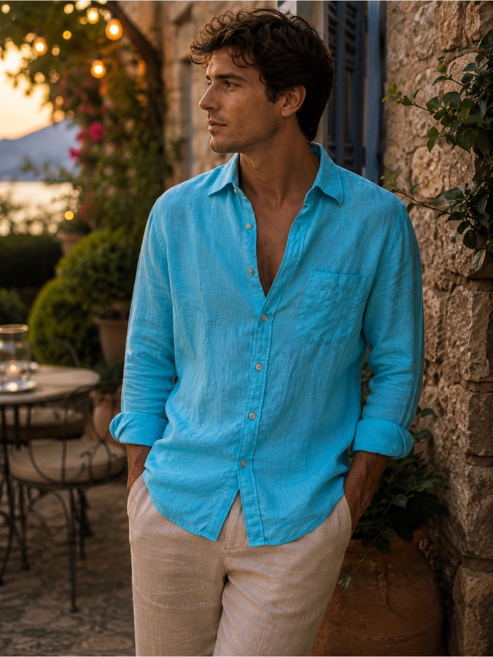 💯 Linen Paul Fredrick Men's Aqua Linen Button-Down Shirt - Bright Aqua